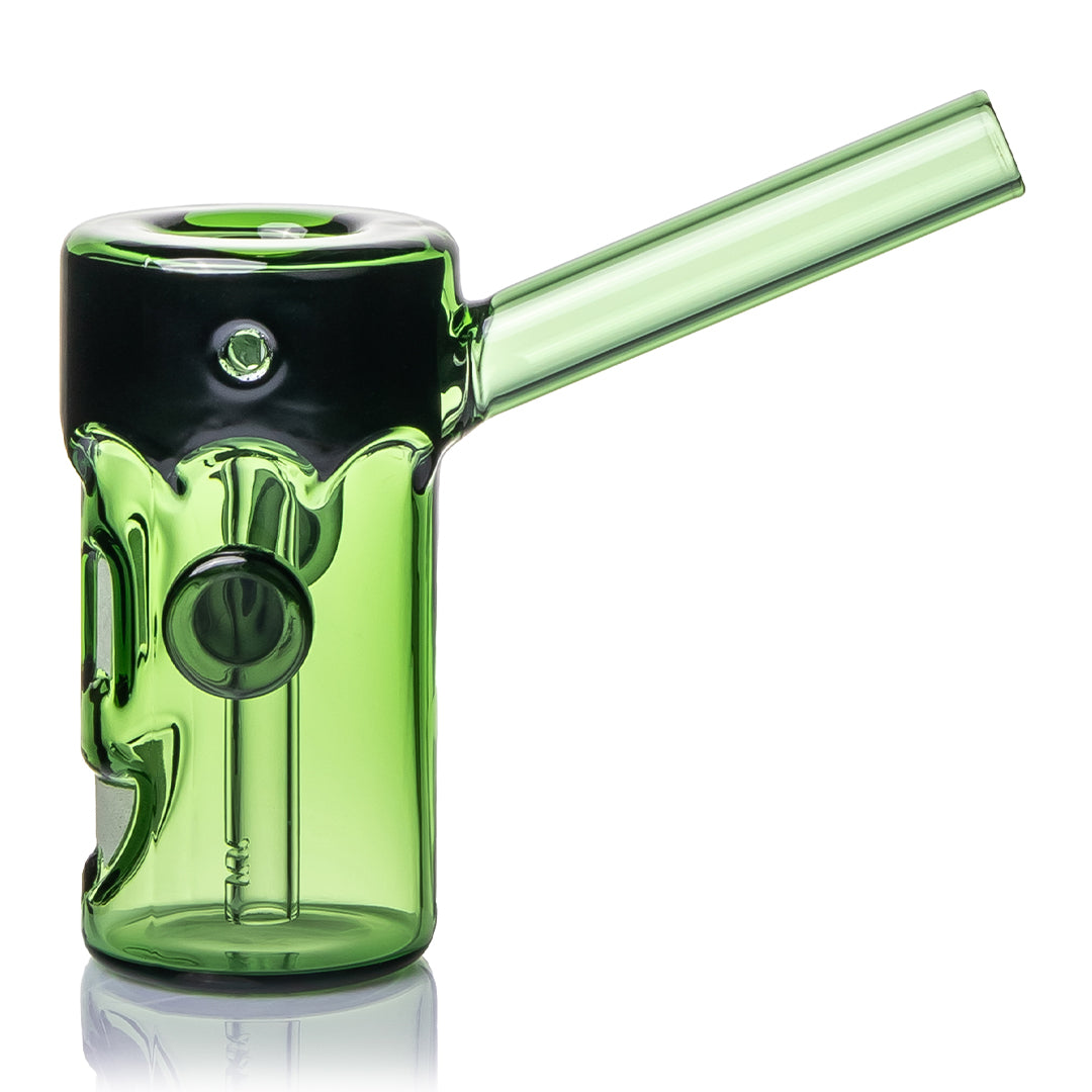 Side view of MJ Arsenal Frankenbubbler glass bubbler showing angled mouthpiece, carb and internal downstem
