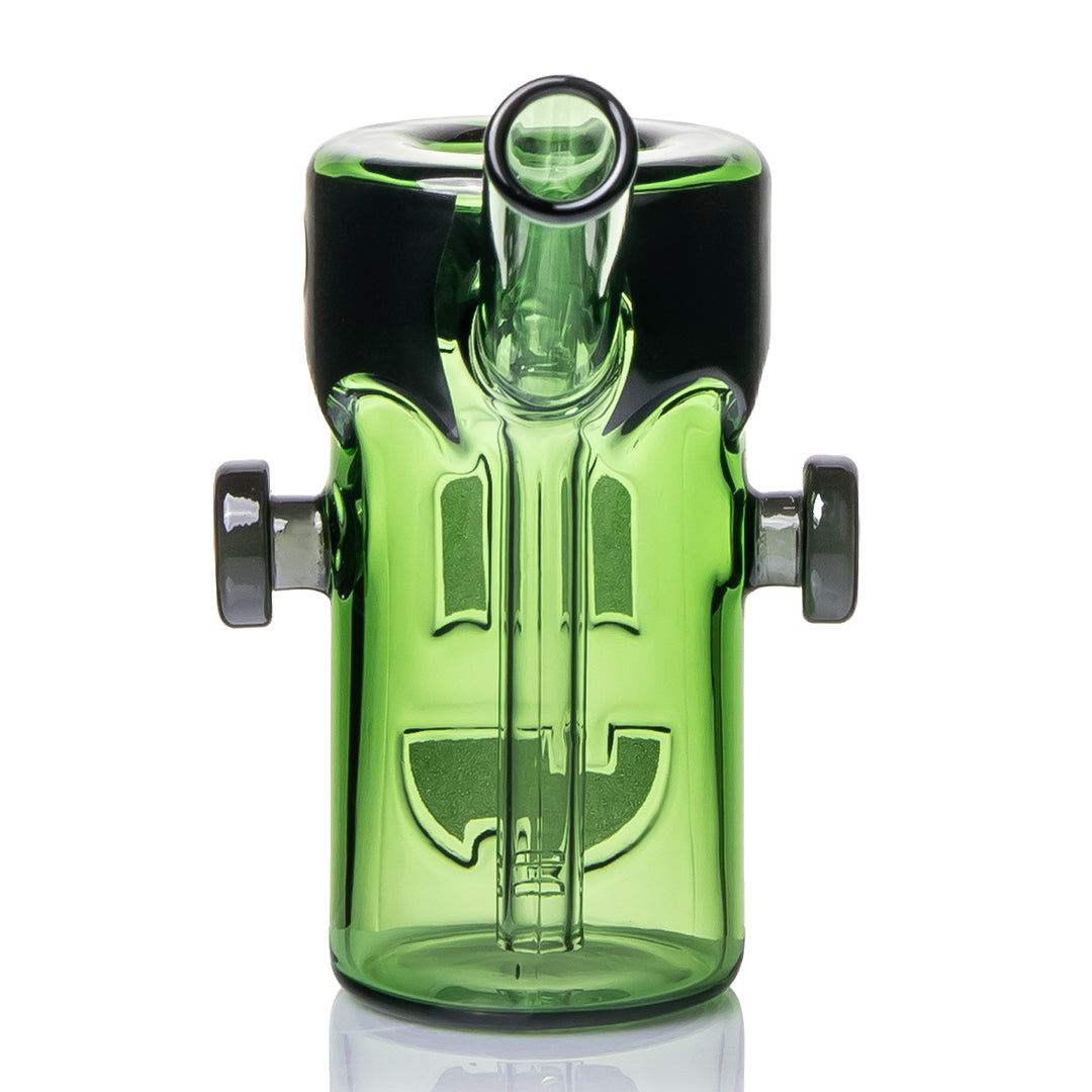 Rear view of MJ Arsenal Frankenbubbler glass bubbler with angled mouthpiece, side bolts and green glass body