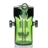 Rear view of MJ Arsenal Frankenbubbler glass bubbler with angled mouthpiece, side bolts and green glass body