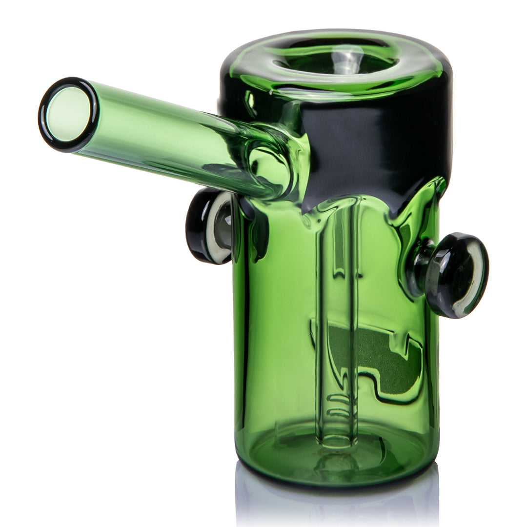 Three-quarter view of MJ Arsenal Frankenbubbler glass bubbler showing black hair, side bolts and face details