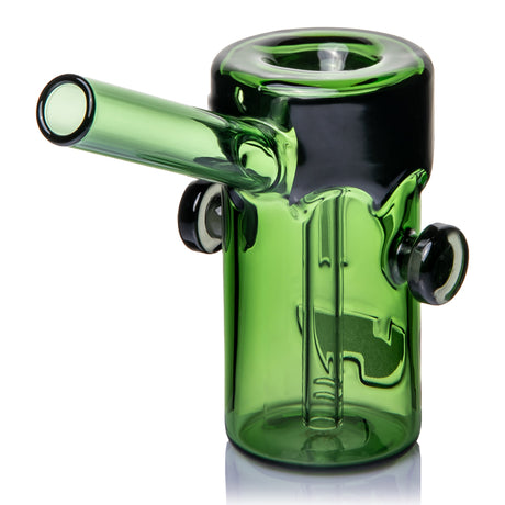 Three-quarter view of MJ Arsenal Frankenbubbler glass bubbler showing black hair, side bolts and face details