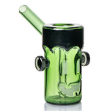 Rear angled MJ Arsenal Frankenbubbler glass bubbler with green borosilicate body, mouthpiece and black accents