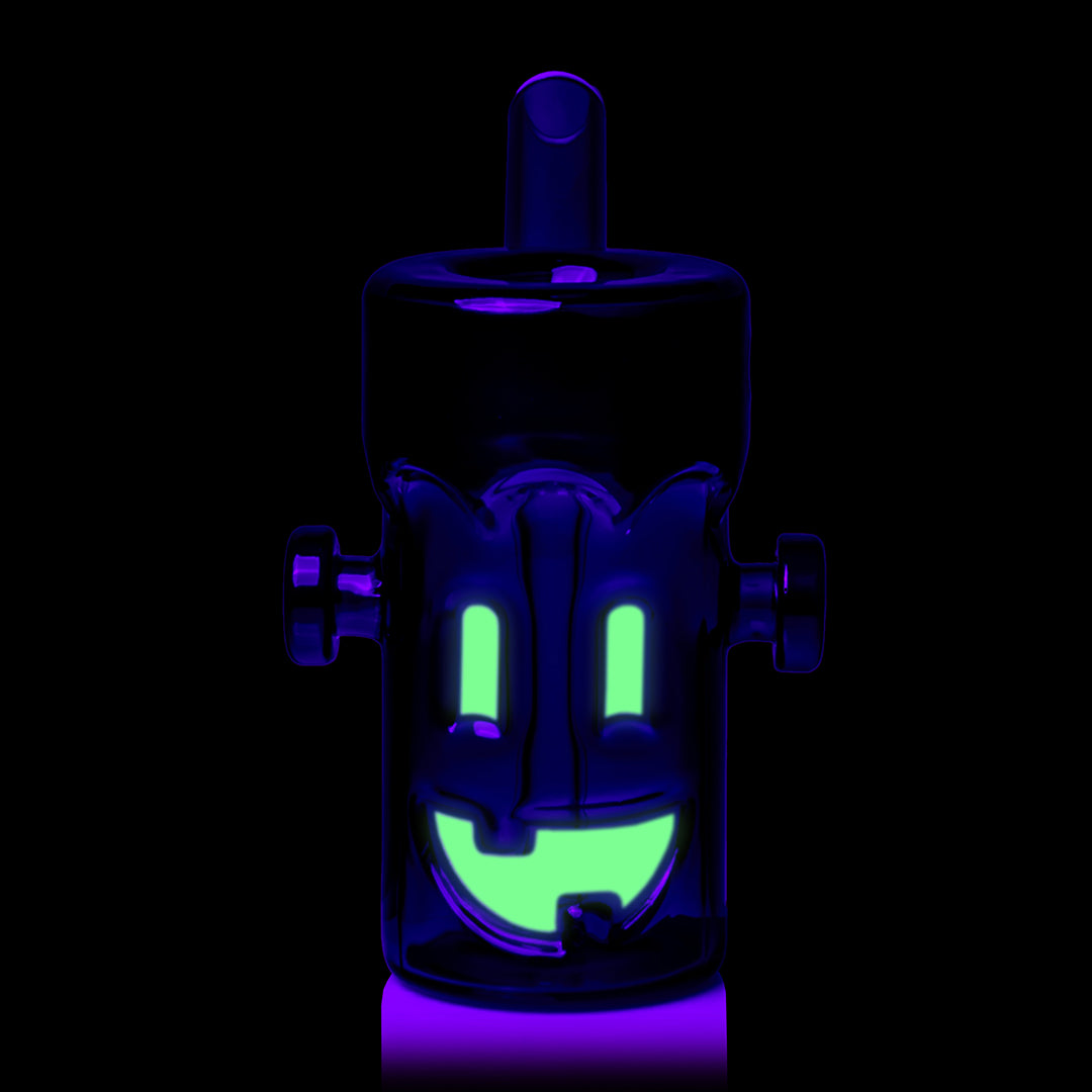 MJ Arsenal Frankenbubbler glass bubbler angled view highlighting green monster face and black side bolts