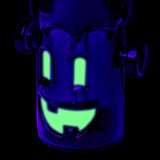 MJ Arsenal Frankenbubbler glass bubbler glowing under UV light with bright green eyes and smiling mouth
