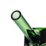 Close-up of MJ Arsenal Frankenbubbler glass bubbler angled green mouthpiece with dark rim and thick glass