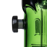 Close-up of MJ Arsenal Frankenbubbler glass bubbler black side bolt beside green face and hair detailing