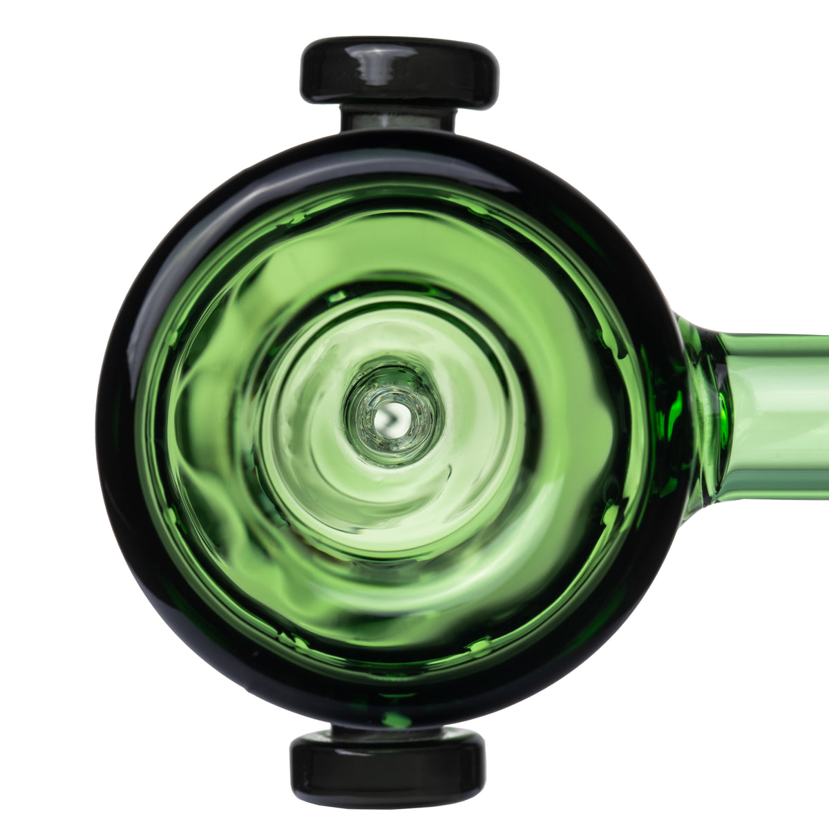 Top view of MJ Arsenal Frankenbubbler glass bubbler showing round chamber opening, side bolts and mouthpiece