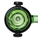 Top view of MJ Arsenal Frankenbubbler glass bubbler showing round chamber opening, side bolts and mouthpiece