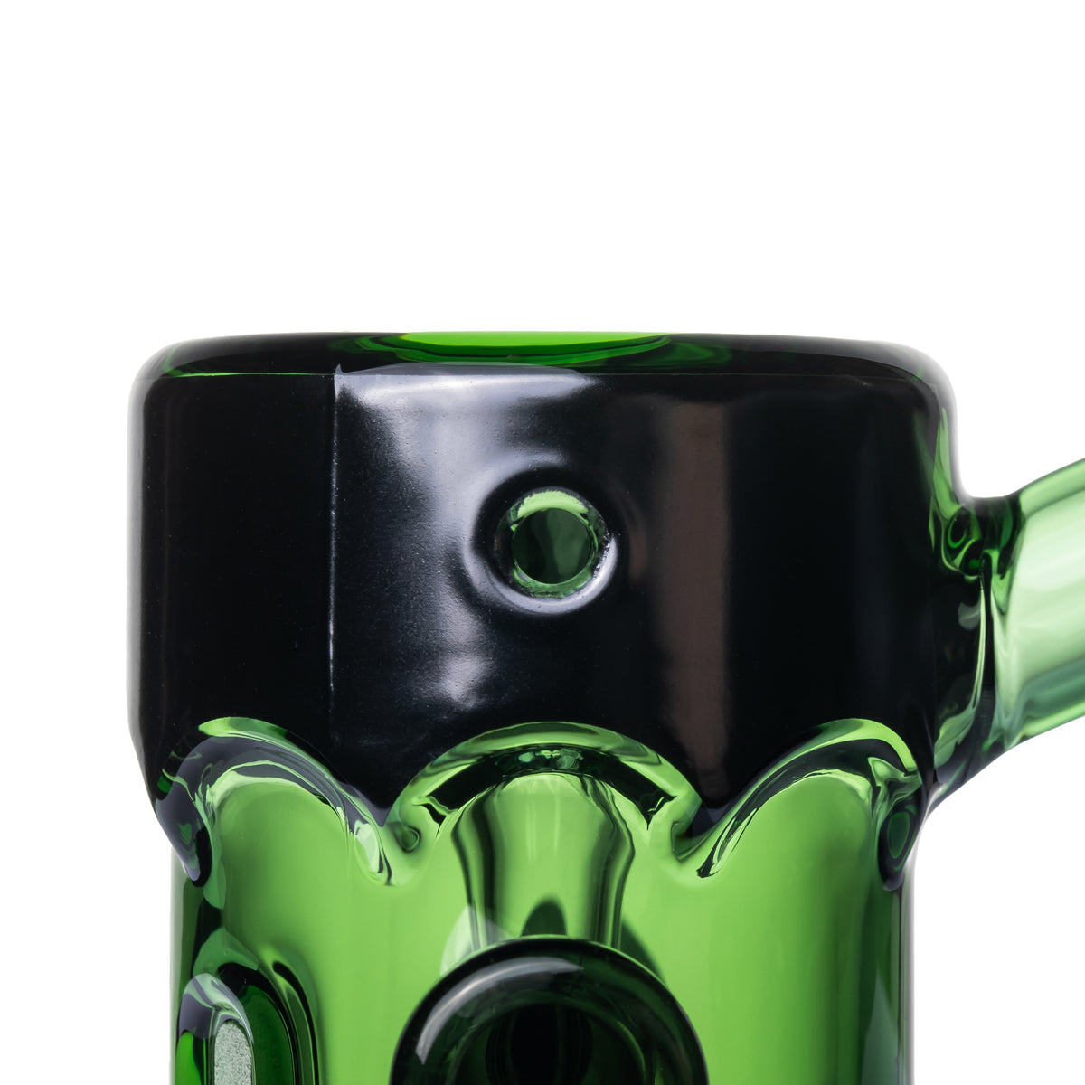 MJ Arsenal Frankenbubbler glass bubbler close-up showing the side carb, black hair detail and green glass