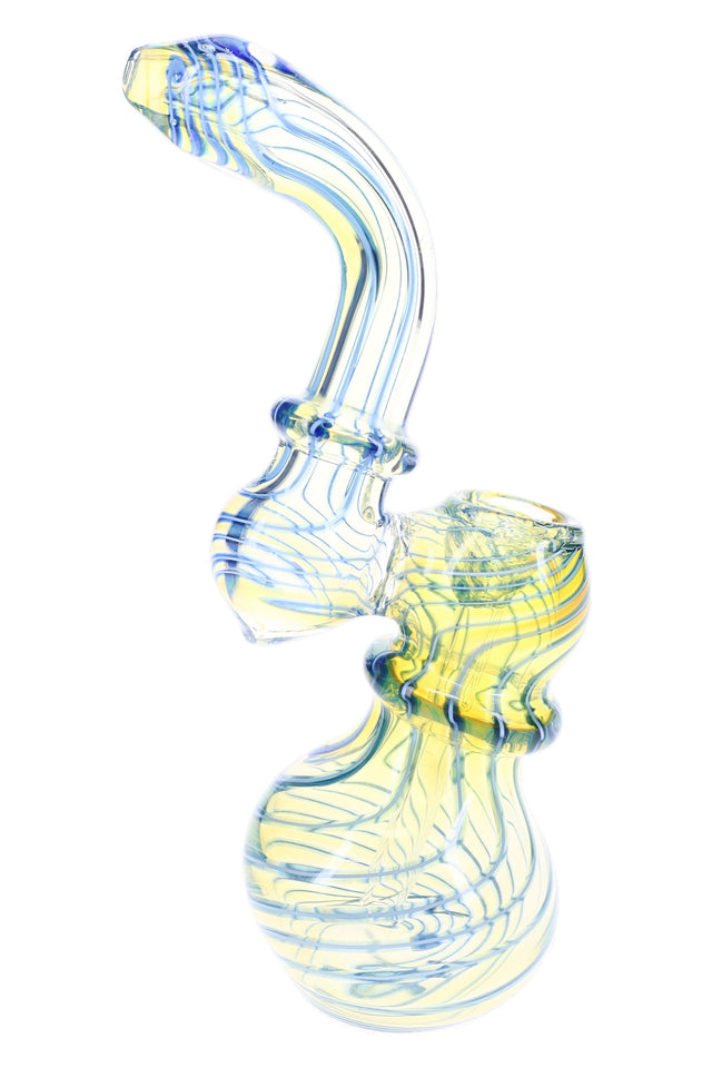 7-inch color-changing glass Sherlock bubbler with spiral blue striping, curved neck, rings, and rounded base