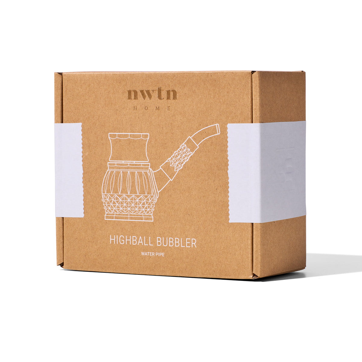 NWTN Home Highball Bubbler retail box showing line-art glass bubbler design and branded kraft packaging