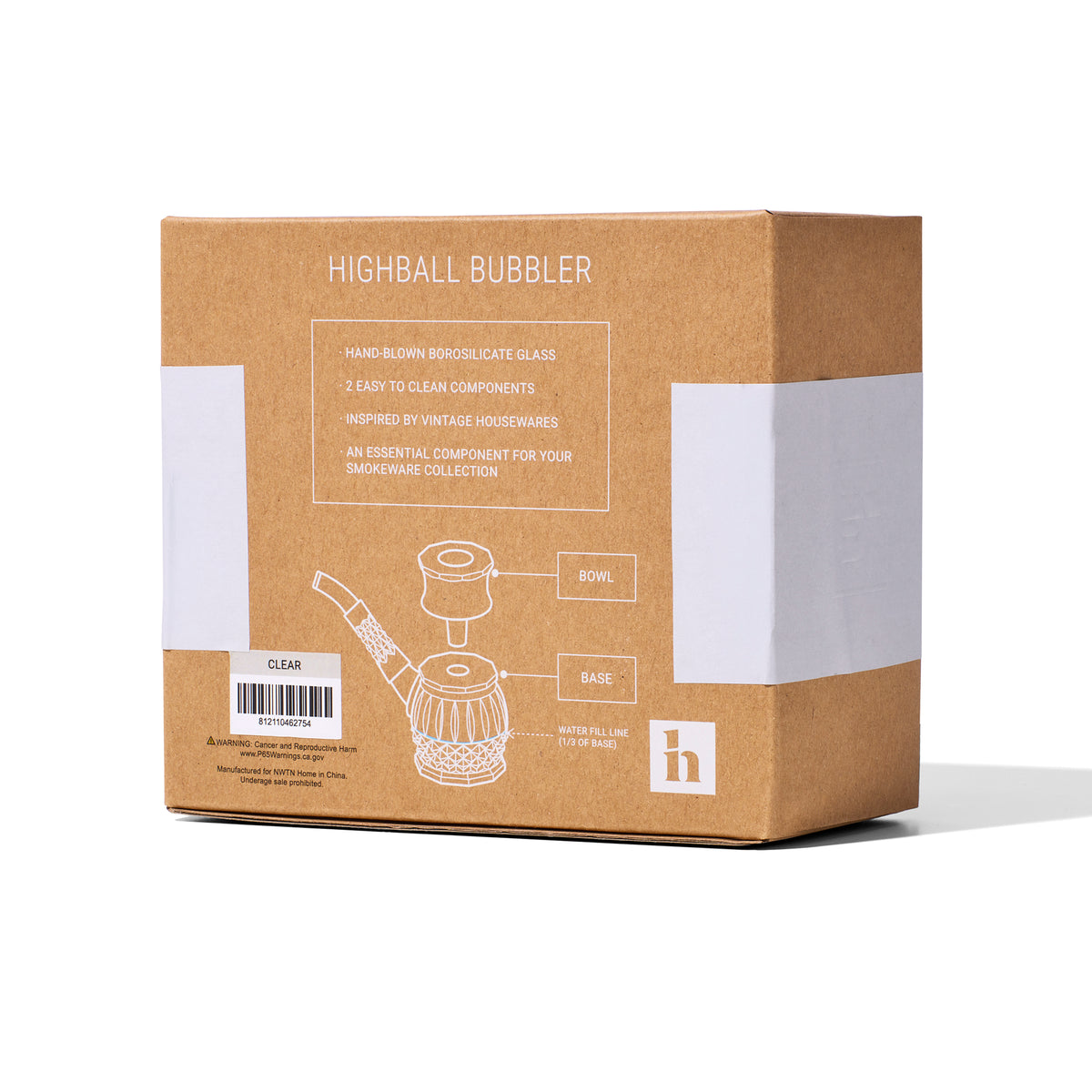 NWTN Home Highball Bubbler box back showing two-piece diagram, 14 mm slide, and borosilicate glass details