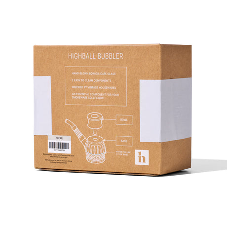 NWTN Home Highball Bubbler box back showing two-piece diagram, 14 mm slide, and borosilicate glass details