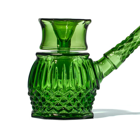 Close view of Emerald NWTN Home Highball glass bubbler showing removable slide and diamond-textured body