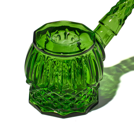 Top view of Emerald NWTN Home Highball glass bubbler showing slide opening and sculpted glass chamber