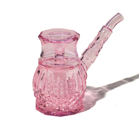 NWTN Home Highball glass bubbler in Petal pink with removable slide, cut-glass texture, and curved mouthpiece