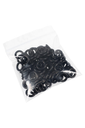 Clear zip bag filled with black 9 mm replacement O-rings for small accessories, shown piled together in bulk.