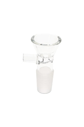 Clear glass 18.8 mm male bong bowl with ground joint, flared rim, and side handle for easy pulls and removal.