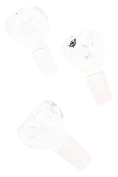 Multiple angles of clear glass-on-glass bowl with 14.5 mm male joint and small side roll-stop nubs