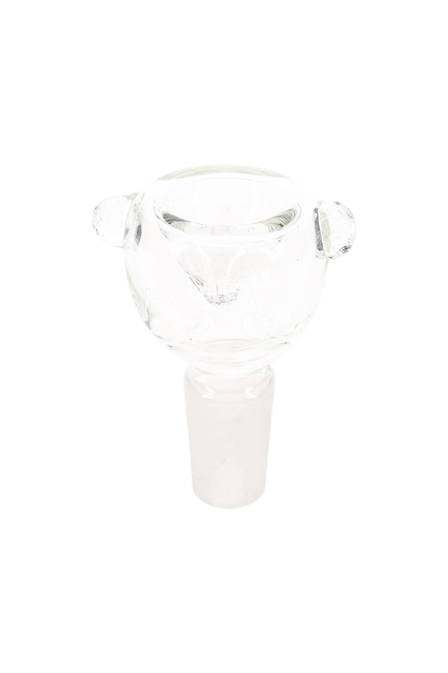 Clear 14.5 mm male glass bowl with rounded head and roll-stop nubs, shown upright on white background