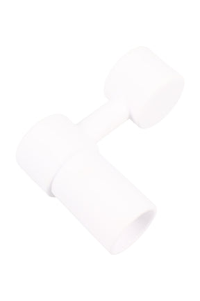 White ceramic sidecar nail with female dual-size fitting for 14 mm and 18 mm male rigs; domeless cup for concentrate dabs.