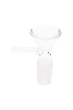 Clear glass bowl with 14.5 mm male glass-on-glass joint and small side handle, a replacement slide for dry herb bongs.