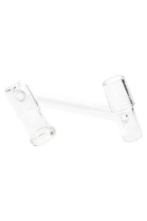 Clear drop-down sidecar glass adapter with 18.8 mm male plug and 14.5 mm female receiver, offset tube shown angled on white background.
