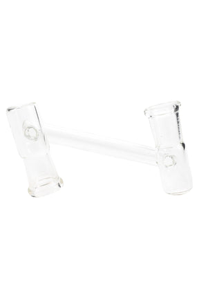 Clear drop-down sidecar glass adapter with two 14.5 mm female joints connected by an offset tube, shown angled on a white background.