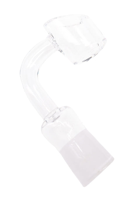 14.5 mm female domeless quartz banger with 4 mm thick bucket and curved neck, clear glass replacement nail on white.