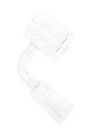 Side view of 30 mm flat-top quartz bucket banger with curved neck and glass-on-glass joint on white background.
