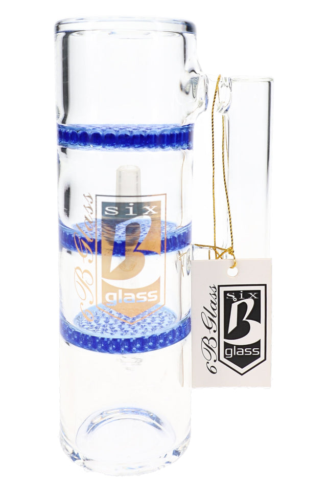 6B Glass ash catcher with three blue honeycomb disc percs, clear body and male-to-female joints