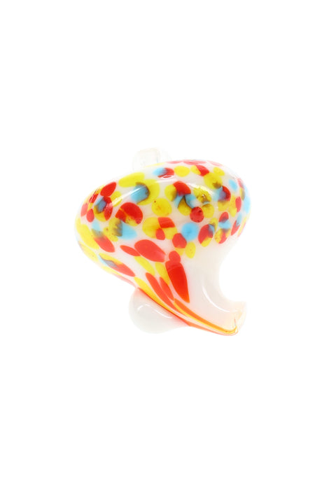 White frit carb cap with red, yellow, and blue dots showing curved spout and small grip nub for airflow control on bangers.