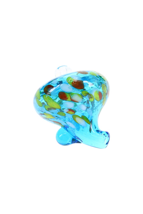 Aqua frit carb cap with green and white speckles, curved outlet, and side nub for spinning; match to bucket size for best seal.