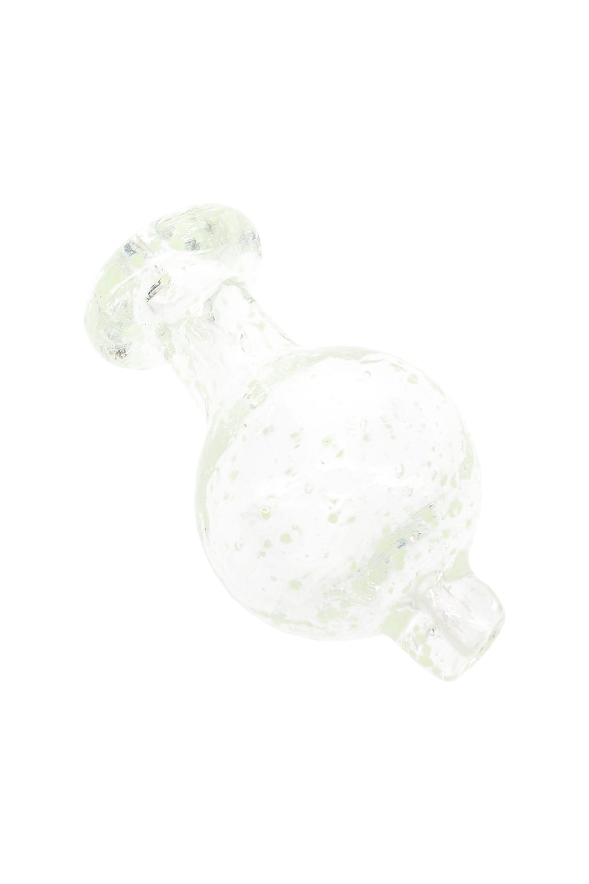 Clear frit bubble carb cap close-up showing speckled glass and short nozzle designed to cap and steer airflow on a quartz banger.