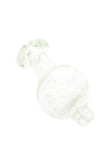 Clear frit bubble carb cap close-up showing speckled glass and short nozzle designed to cap and steer airflow on a quartz banger.