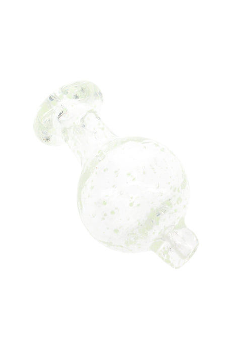 Clear frit bubble carb cap close-up showing speckled glass and short nozzle designed to cap and steer airflow on a quartz banger.