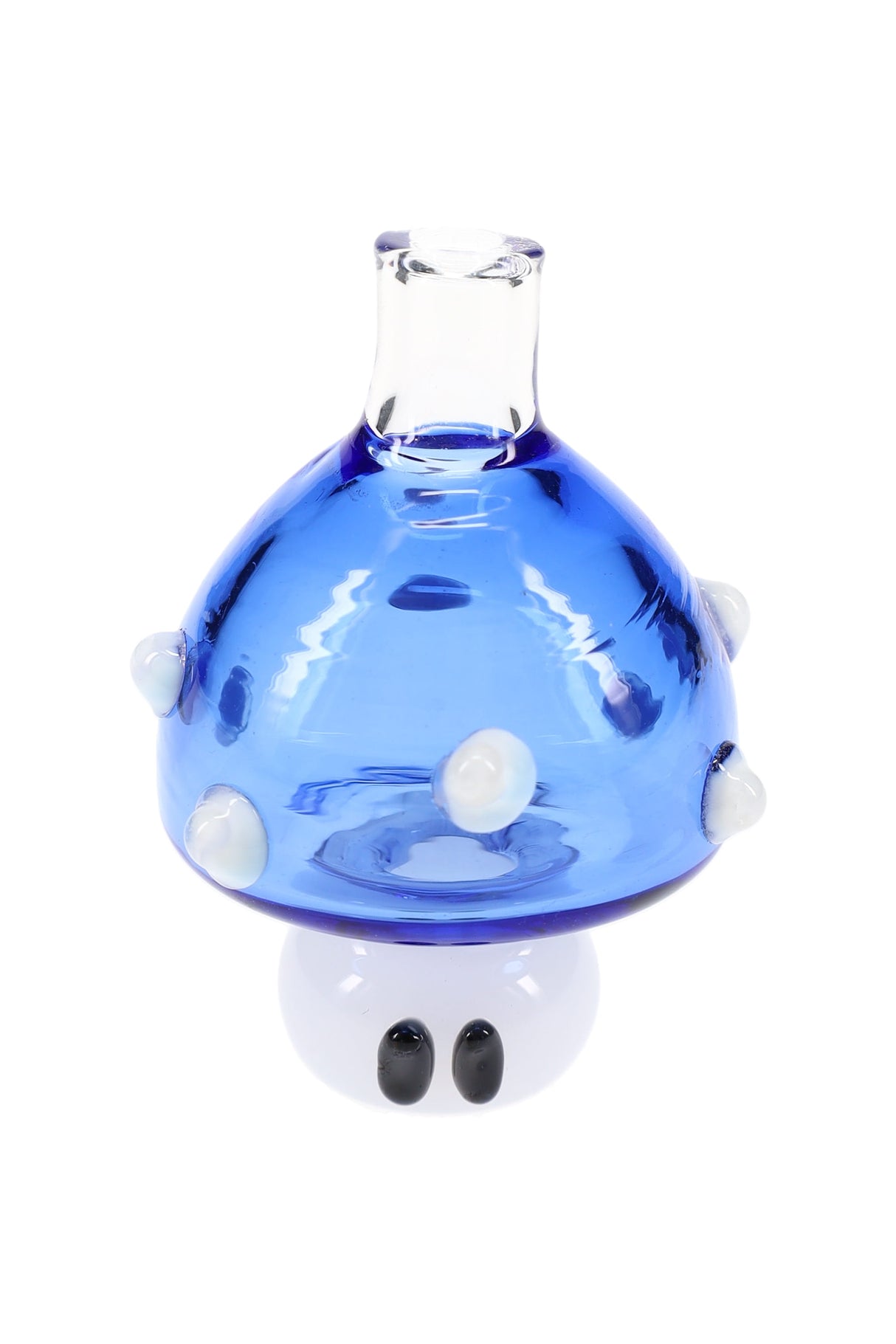 Blue glass mushroom carb cap with clear neck and white base, raised bumps for grip, 14.5 mm male connection