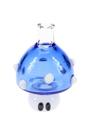 Blue glass mushroom carb cap with clear neck and white base, raised bumps for grip, 14.5 mm male connection