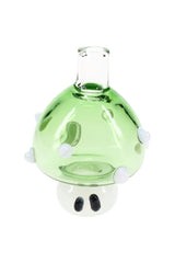Green glass mushroom carb cap with raised white grip bumps and clear handle neck, 14.5 mm male banger cap