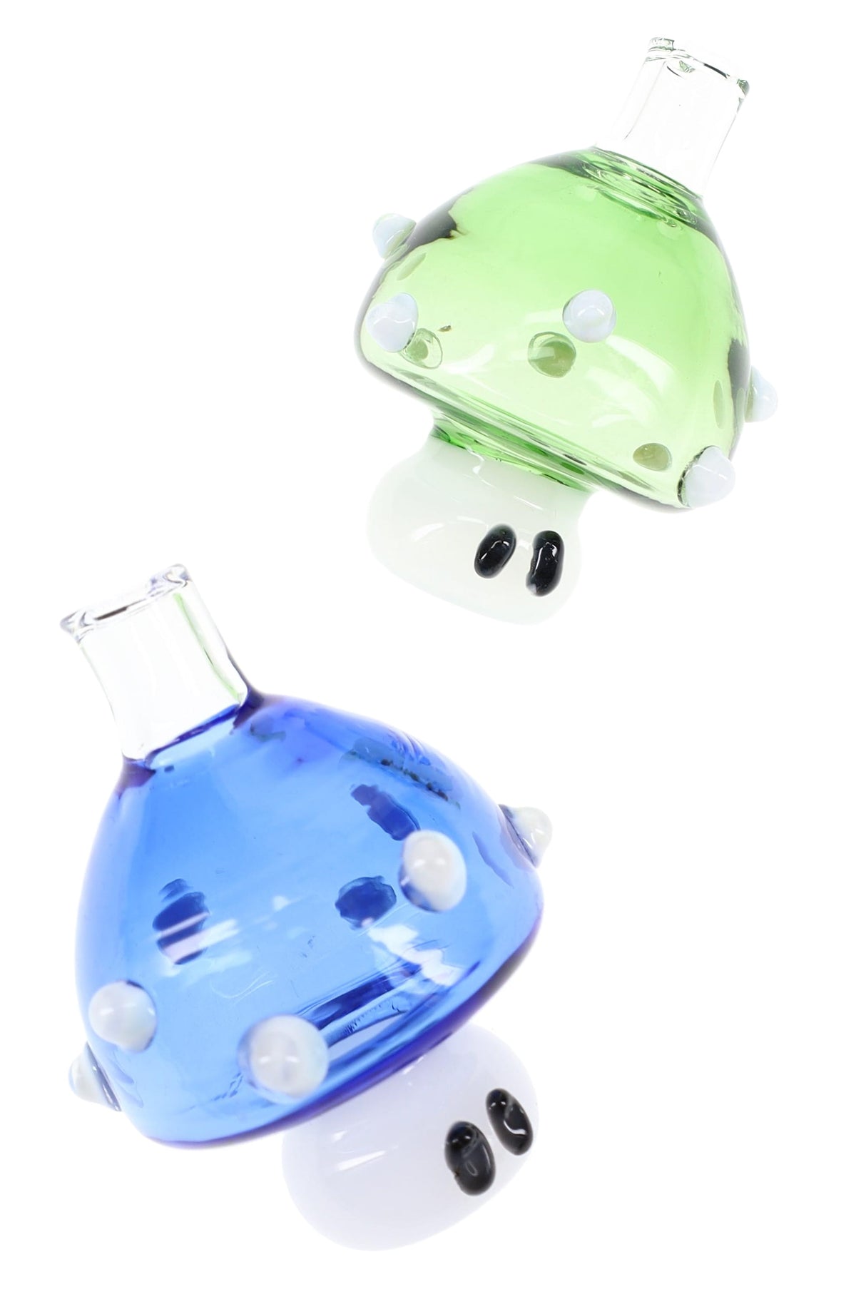Blue and green glass mushroom carb cap duo with raised grip bumps, 14.5 mm male dab accessory, angled view