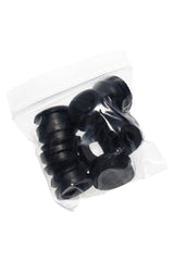 Zip-top bag with ten black 12 mm rubber replacement grommets for grommet-style water pipes.