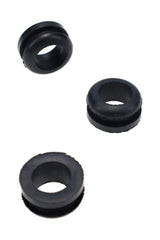 Close-up of individual black 12 mm rubber grommets showing groove and center opening for downstem seal.