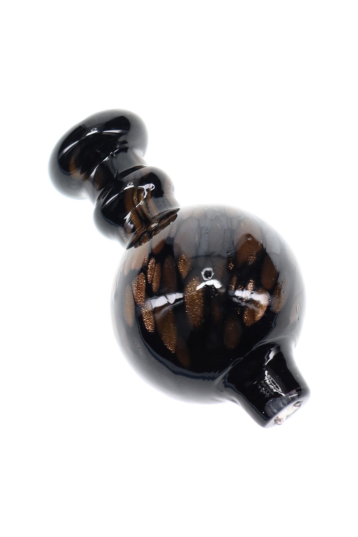 Sparkly black glass bubble carb cap with rounded handle and short spout for airflow control on quartz bangers; glossy finish, single piece.
