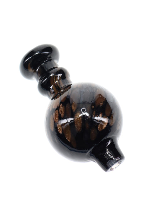 Sparkly black glass bubble carb cap with rounded handle and short spout for airflow control on quartz bangers; glossy finish, single piece.