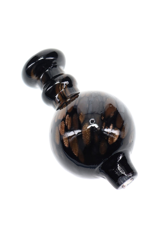 Sparkly black glass bubble carb cap with rounded handle and short spout for airflow control on quartz bangers; glossy finish, single piece.