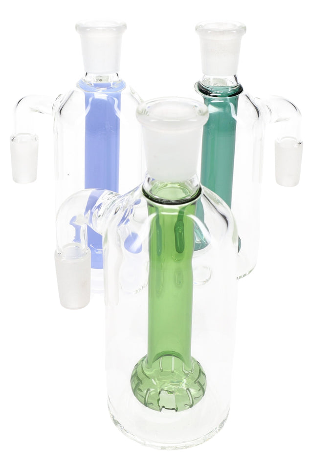 Trio of 14.5 mm 90-degree ash catchers showing colored showerhead percs in green, teal, and blue with male-to-female joints.