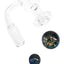 Quartz terp slurper banger with 14.5 mm male joint and recessed dish, shown with three sparkling dichro beads, clear glass.