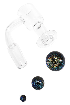Quartz terp slurper banger with 14.5 mm male joint and recessed dish, shown with three sparkling dichro beads, clear glass.