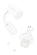 Quartz spinner banger with opaque white bottom, matching vortex cap, and two 6 mm beads; 14.5/18.8 mm male joint.