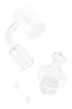 Quartz spinner banger with opaque white bottom, matching vortex cap, and two 6 mm beads; 14.5/18.8 mm male joint.